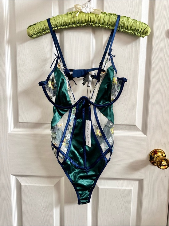 For Love And Lemons Other - For Love and Lemons Emerald Green Satin & Navy Lace Floral Teddy